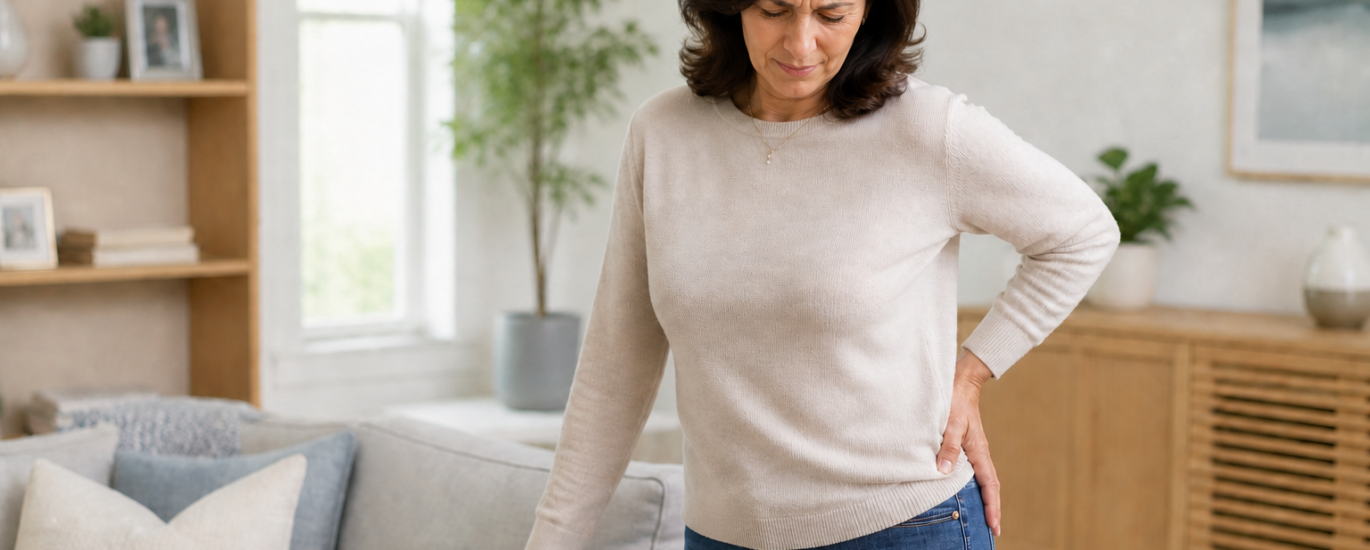 Woman holding her outer hip while supporting herself on a sofa