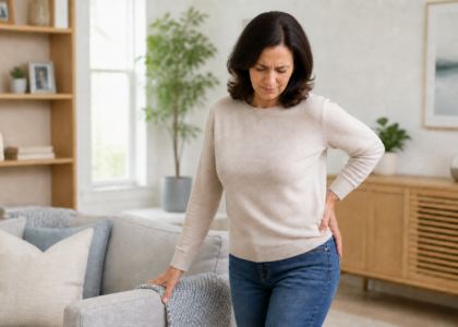 Woman holding her outer hip while supporting herself on a sofa
