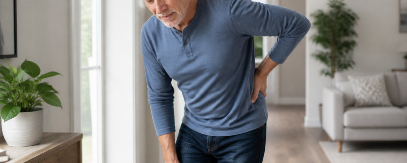 Older man holding his lower back while experiencing back and leg discomfort