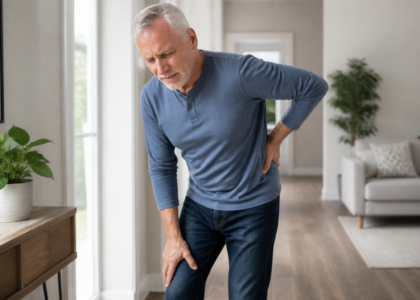 Older man holding his lower back while experiencing back and leg discomfort